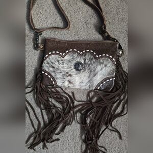 Myra Bag Brown and White Crossbody Fringe Fur Boho Western NWOT